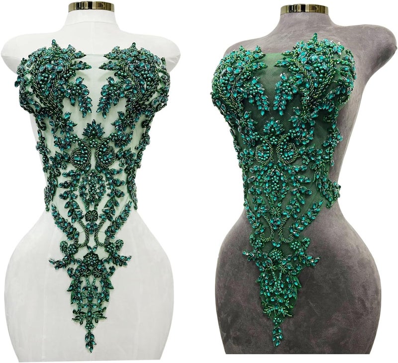 ArtistryXB Handmade Rhinestones Lace Bodice Applique Sew on Beads Sequins Trimming Patches for Dress Clothing Accessories 1Pcs/Bag (Deepgreen) - Image 1